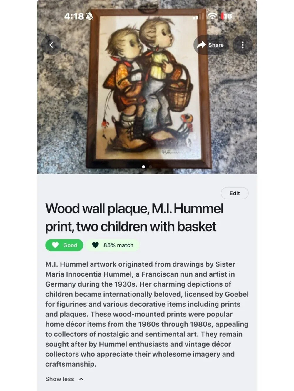 Vintage M.I. Hummel Wood Wall Plaque Print of Two Children with Basket